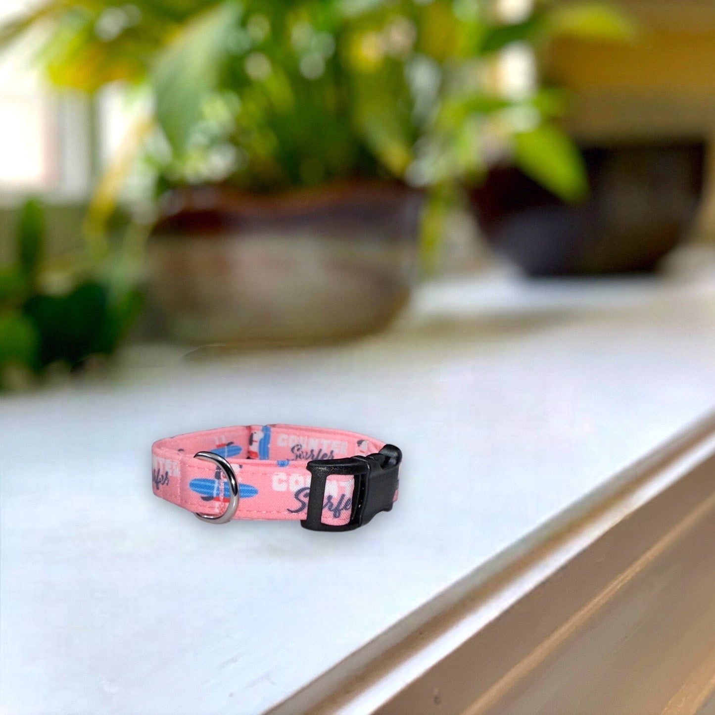 Counter Surfer in Pink Dog Collar- Martingale- Quick Release- No Buckle Slide- Leash- Handmade Dog Collars