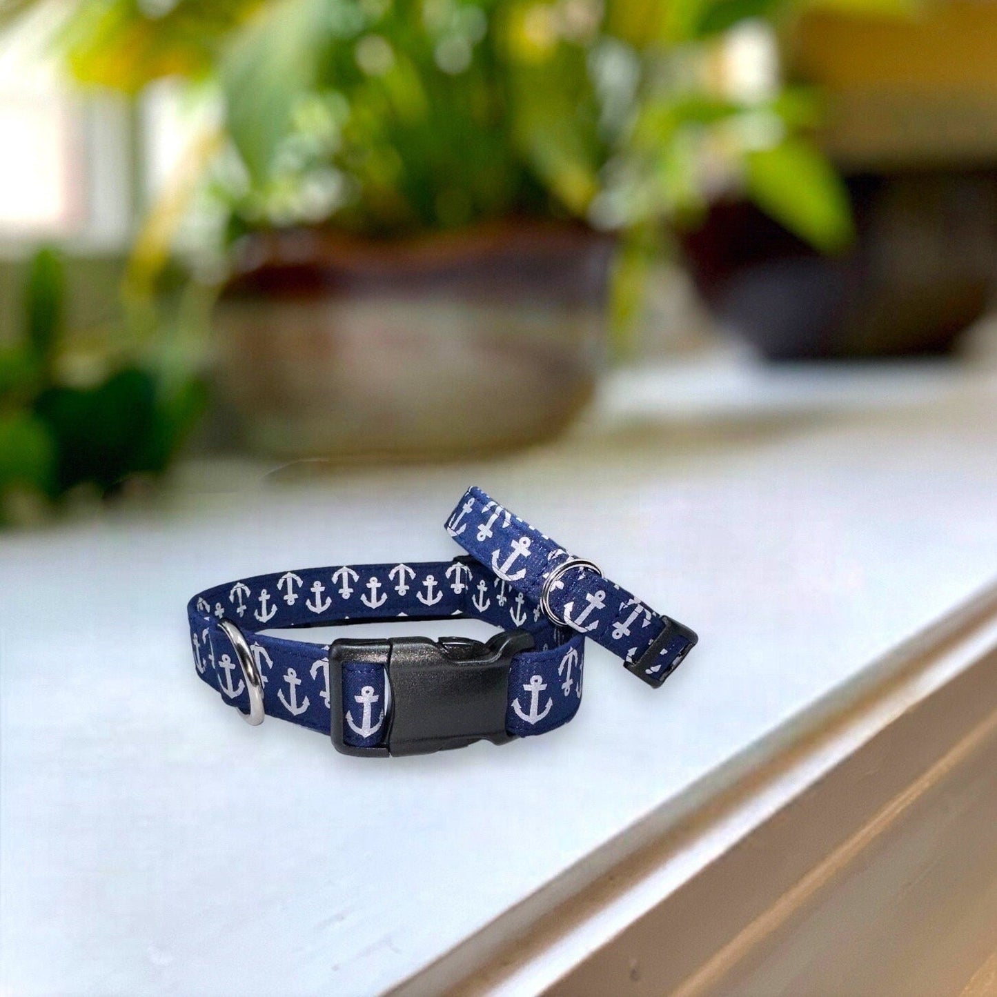 Anchors Aweigh Dog Collar- Martingale- Quick Release- No Buckle Slide- Leash- Handmade Dog Collars